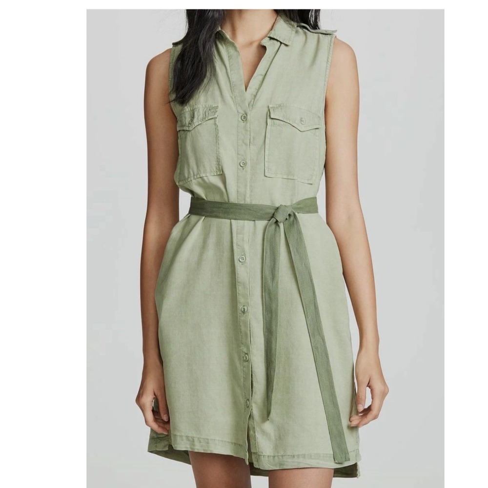 Bella Dahl Casual Green Midi Collared Dress With Tie and Pockets. Women's Medium